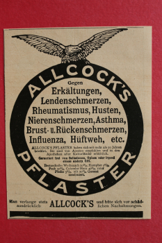 Blatt Historische Werbung Allcock Pflaster 1905